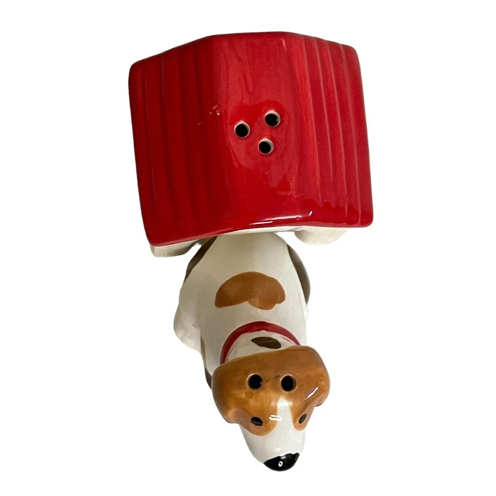 Dog and Doghouse Salt and Pepper Shaker Set Ceramic Brown White Red